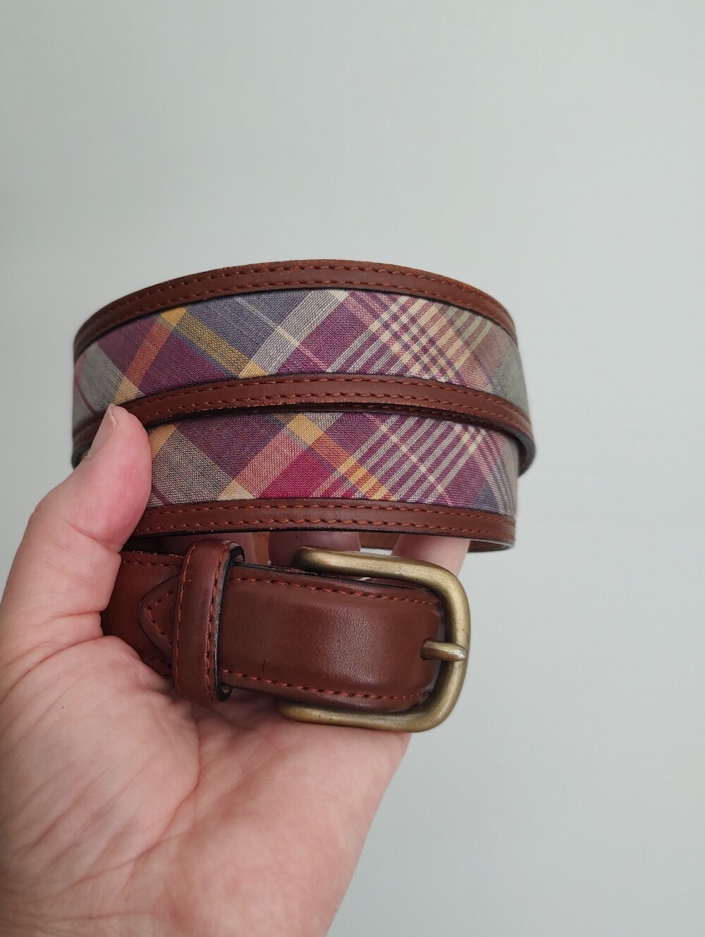 Lands' End Men's Madras Coastal Plaid Leather Belt Preppy Old Money 36"